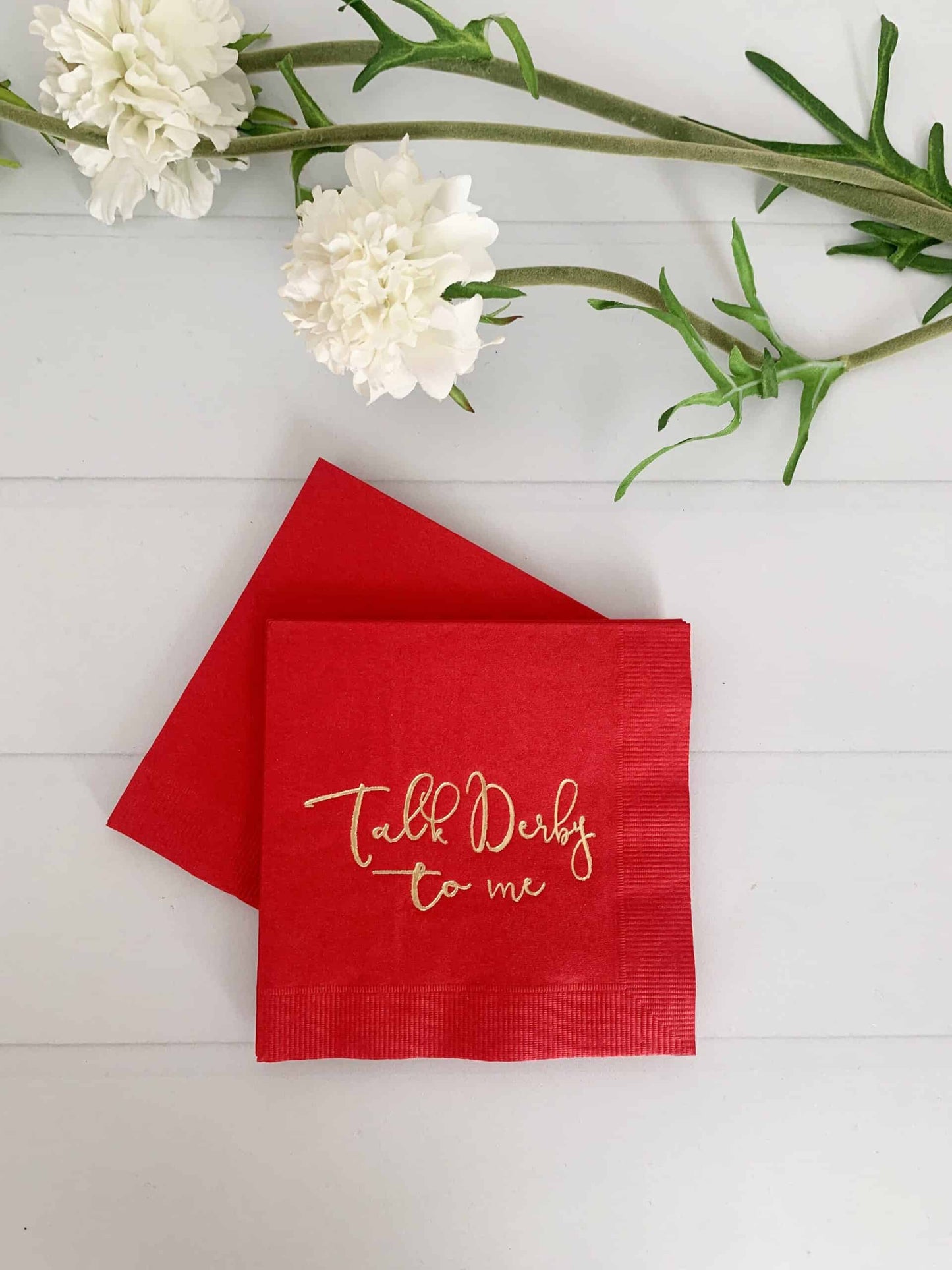 Talk Derby To Me Bright red cocktail napkins for your Kentucky derby party or Derby bridal shower.Elevate your Kentucky Derby party with EnFete's original and elegant Kentucky Derby napkins. Add sophistication to your celebration. #KentuckyDerby #ElegantNapkins #EnFete.