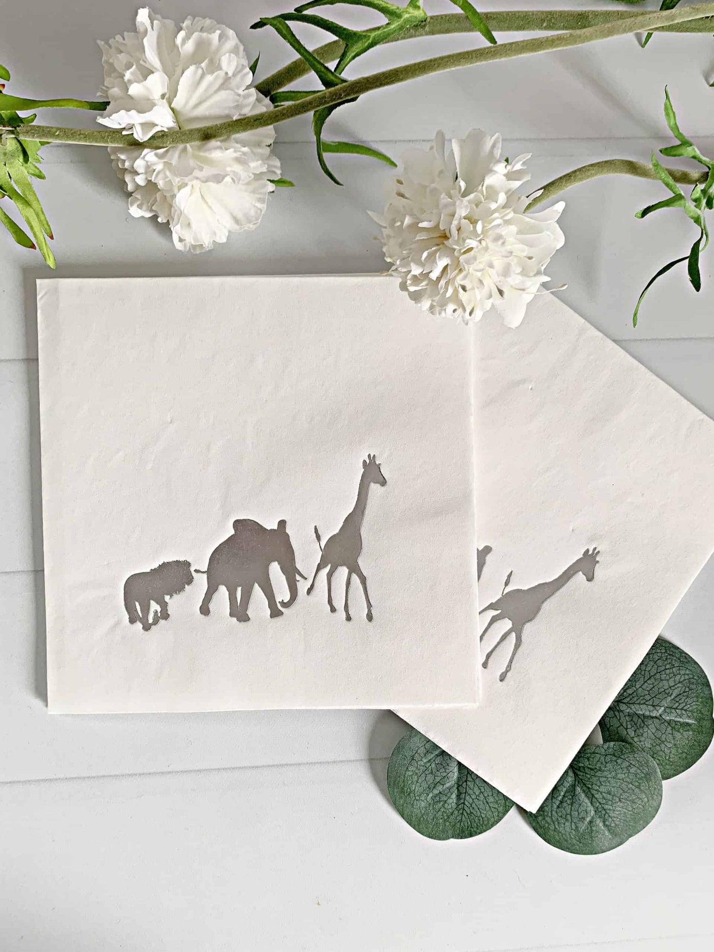 Safari Luncheon Napkins - Silver on White