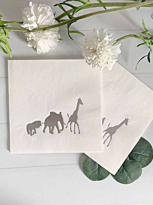 Safari Luncheon Napkins - Silver on White