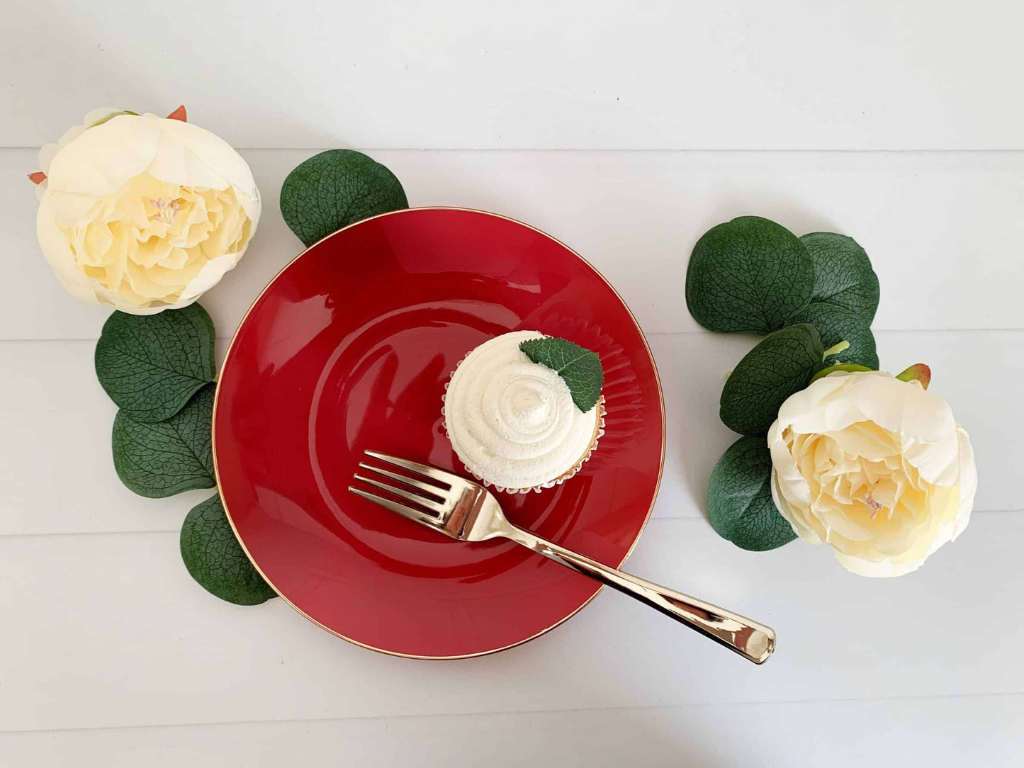 Cranberry Red Plastic Plates with Gold Rim 7.5" - Premium Appetizer Dessert Plates 10 Pack