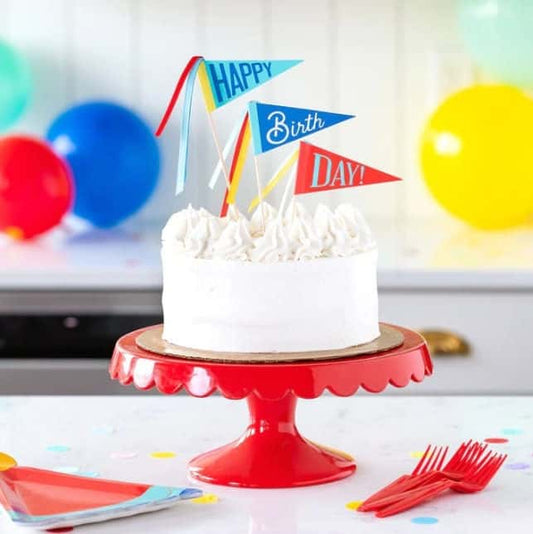 Happy Birthday Pennant Cake Toppers - Pink, Red