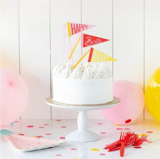 Happy Birthday Pennant Cake Toppers - Pink, Red