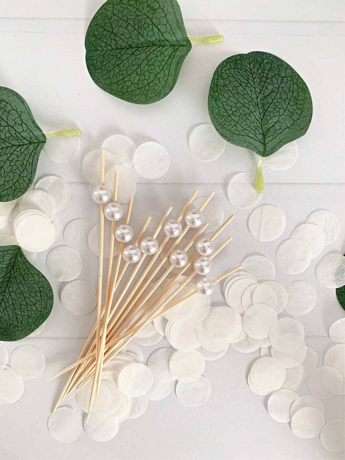 White Pearl Charcuterie picks for charcuterie boards and cocktails. Perfect to celebrate a 30th wedding anniversary - which is traditionally the Pearl Anniversary!