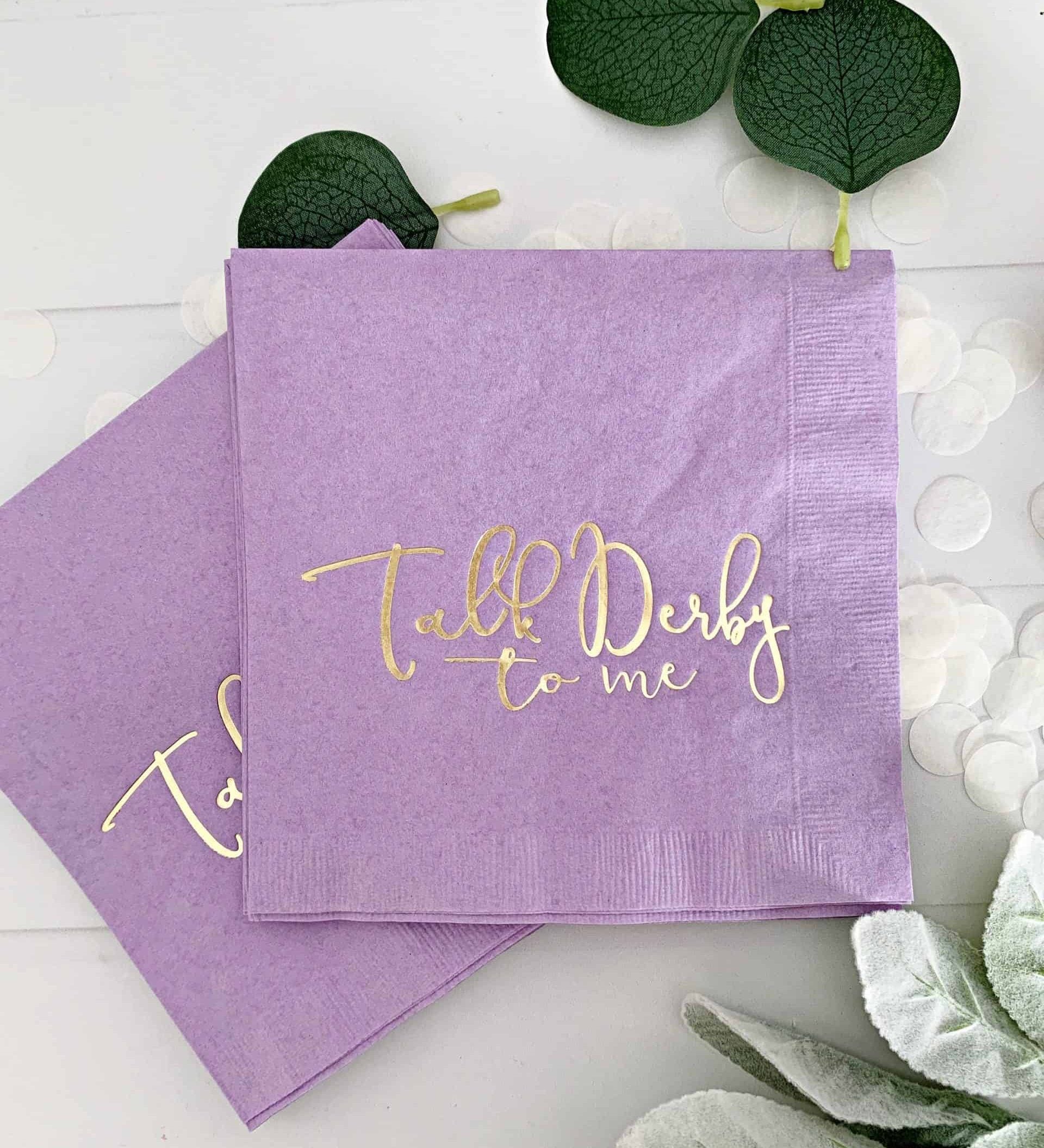 Elevate your Kentucky Derby party with EnFete's original and elegant Kentucky Derby napkins. Add sophistication to your celebration. #KentuckyDerby #ElegantNapkins #EnFete. Get ready for your Kentucky Derby party or any horse-themed event with these beautiful lavender colored Talk Derby to Me Luncheon napkins.
