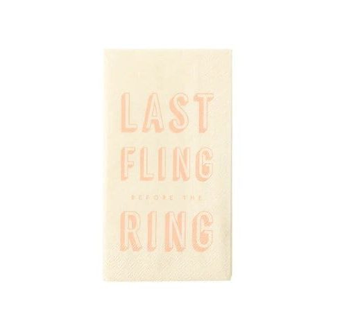 "Celebrate your Last Fling before the Ring with our stylish Gold Foil Bachelorette Napkins. Perfect for bachelorette parties, bridal showers, or girl's weekends. #Bachelorette #LastFlingBeforeTheRing #GoldFoil #Napkins #PartySupplies