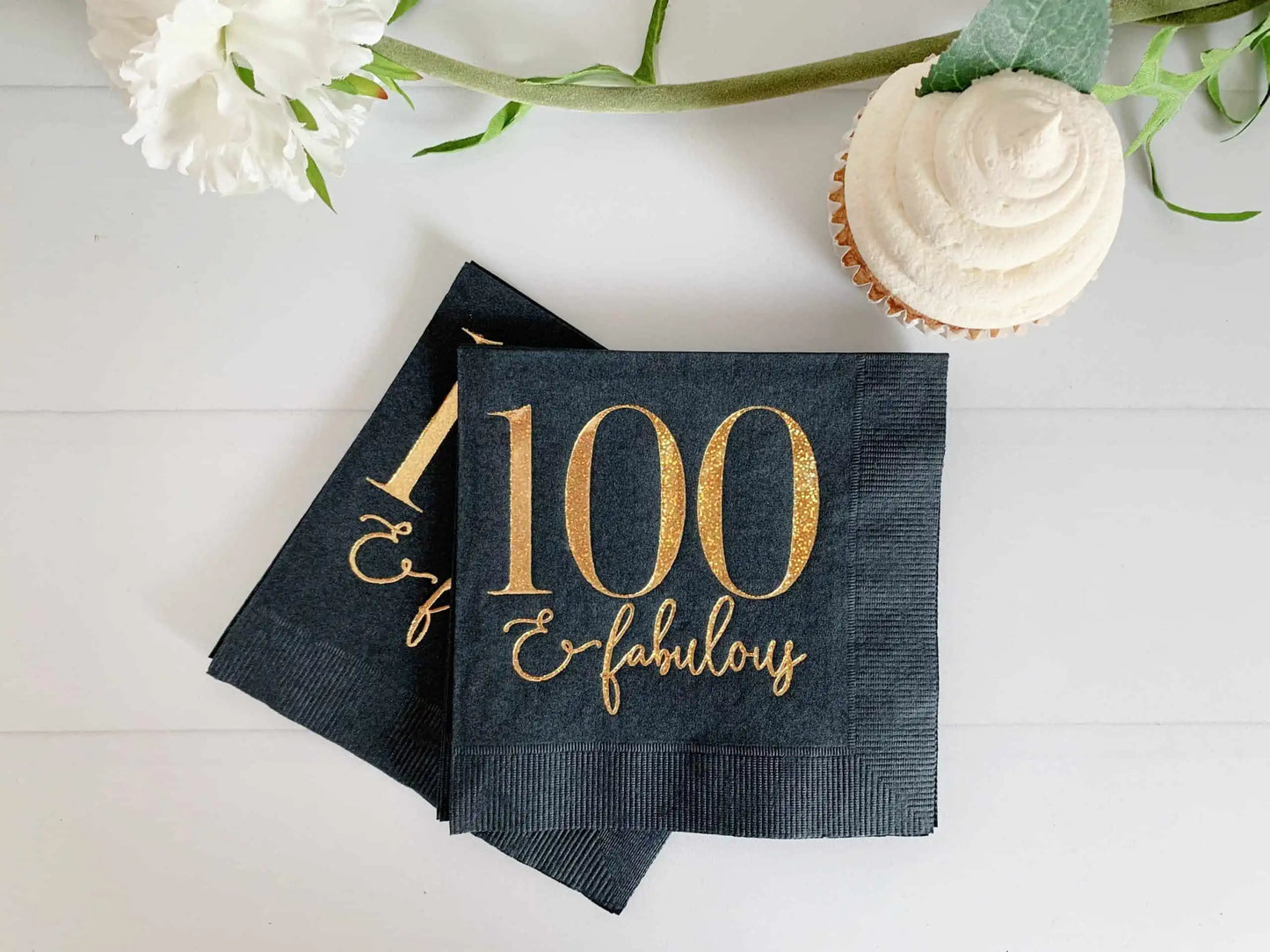 Celebrate in style with our black and gold milestone birthday "100 and Fabulous" napkins, perfect for capturing memories at photo-worthy events. #100AndFabulous #BlackAndGold #CelebrateInStyle #PhotoWorthyEvents #MemorableMoment