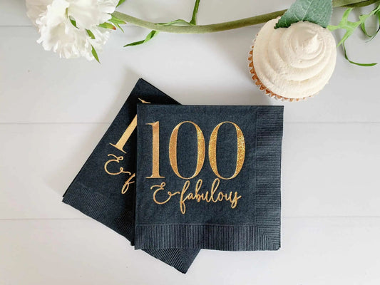 Celebrate in style with our black and gold milestone birthday "100 and Fabulous" napkins, perfect for capturing memories at photo-worthy events. #100AndFabulous #BlackAndGold #CelebrateInStyle #PhotoWorthyEvents #MemorableMoment