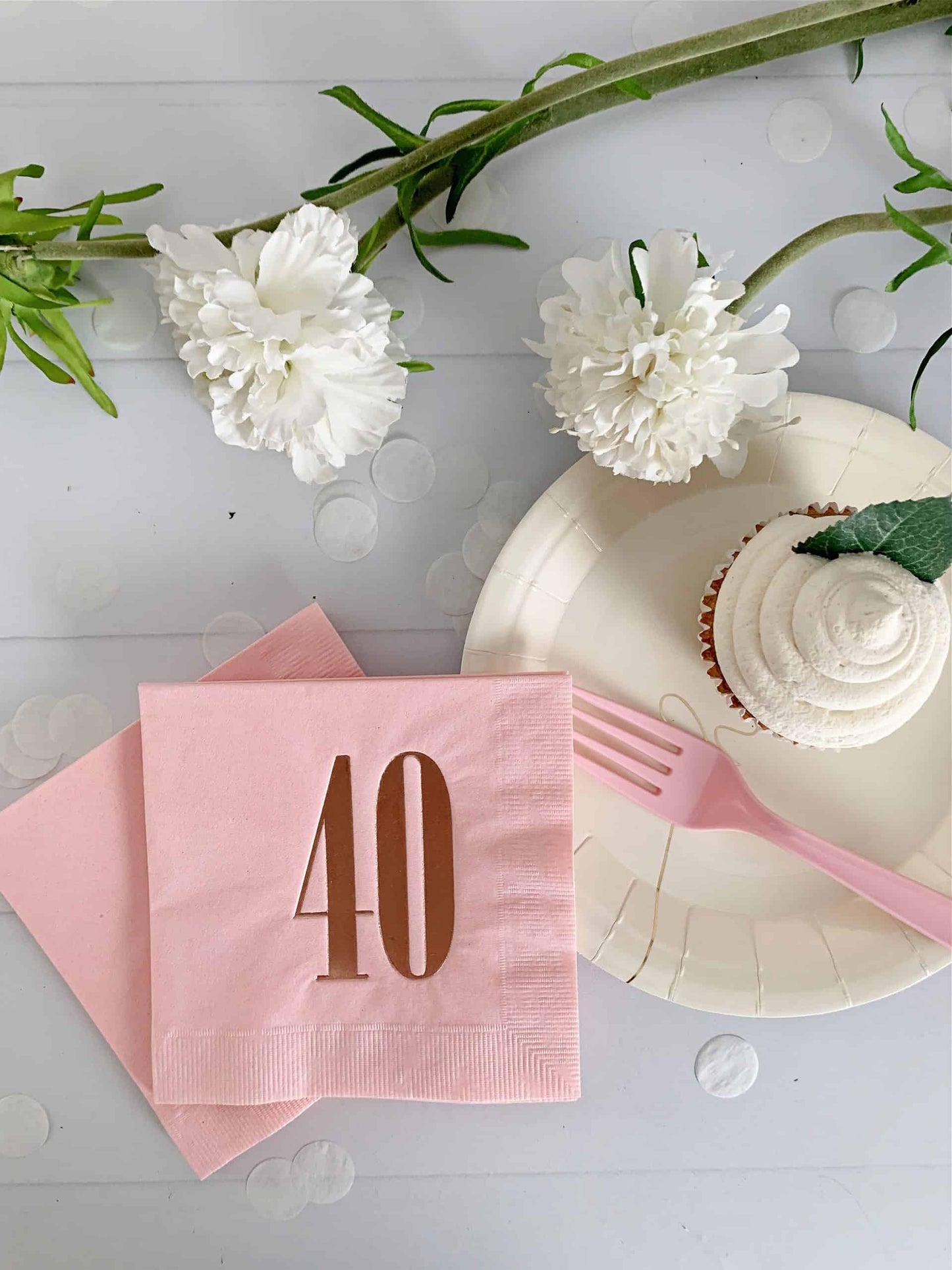 40th birthday party supplies - including these gorgeous rose gold foiled 40 napkins on blush cocktail napkins.