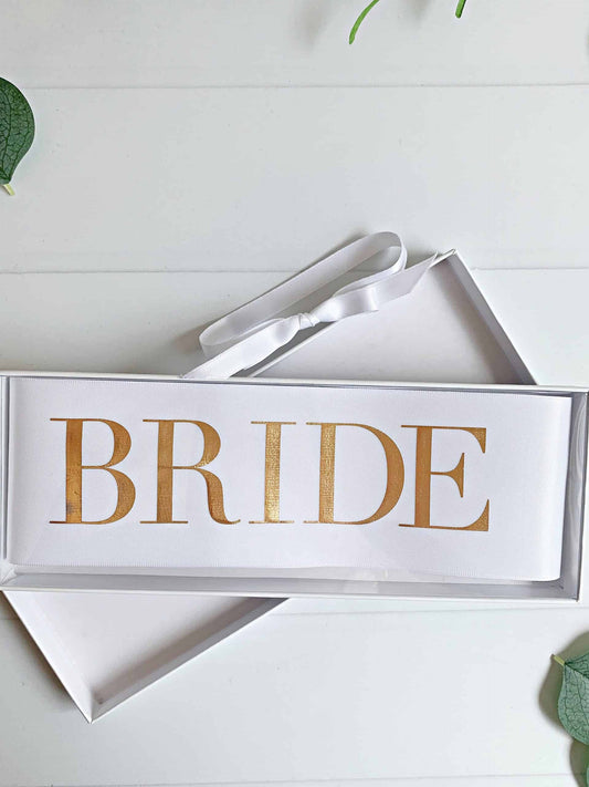 Bride Sash - White Satin with Diamond Enamel Pin