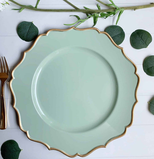 Use this sage green with a gold edge charger plate for your next holiday or event. Perfect for a wedding reception. They are the perfect way to use our paper dinner plates at a buffet!