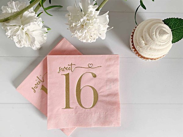 Sweet 16 Cocktail Napkins – Pink & Gold Foil Luxury Birthday Napkins
