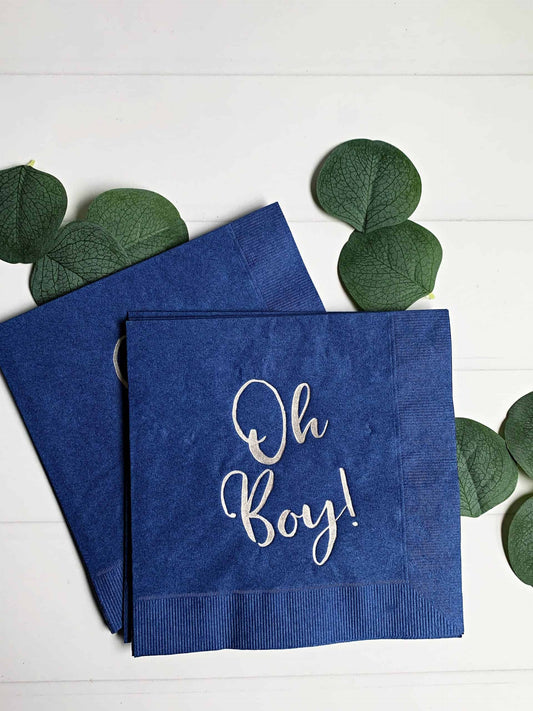 Oh Boy Baby Shower Napkins - Silver on Navy Luncheon