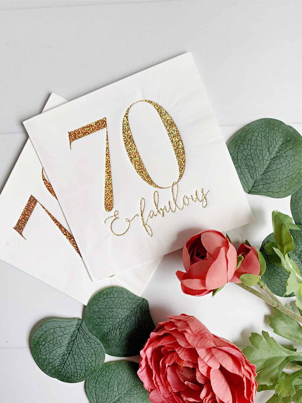 70 & Fabulous Cocktail Napkins – Gold Glitter Foil Luxury 70th Birthday Napkins