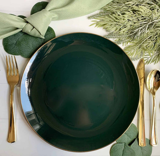 Emerald Green with Gold Dinner Plates - Plastic