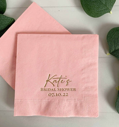 Personalize bridal shower with cocktail napkins. Bride's name & date. 50 min. Gold foil print. #BridalShowerNapkins #Personalized #EnFete.