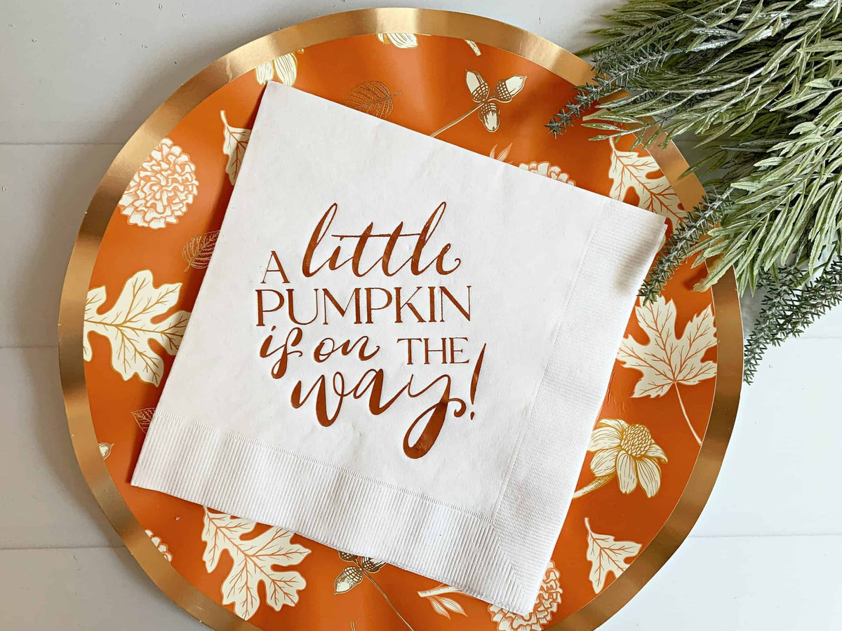 
    A Little Pumpkin is One the Way Luncheon Napkins, the designer-recommended anchor napkin for the Little Pumpkin Baby Shower Theme - Fall collection
  