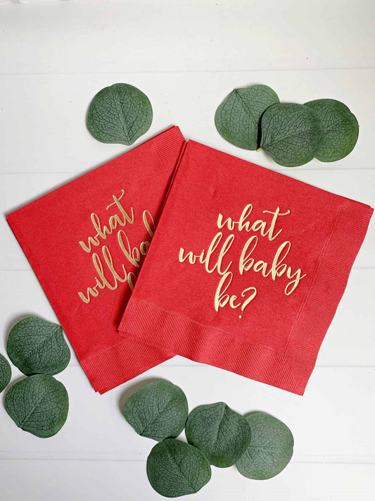 Gender Reveal What Will Baby Be? Napkins - Red with Gold