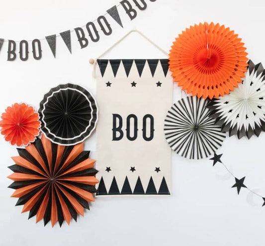 Boo Canvas Door Banner With Vintage Paper Halloween Backdrop Fans