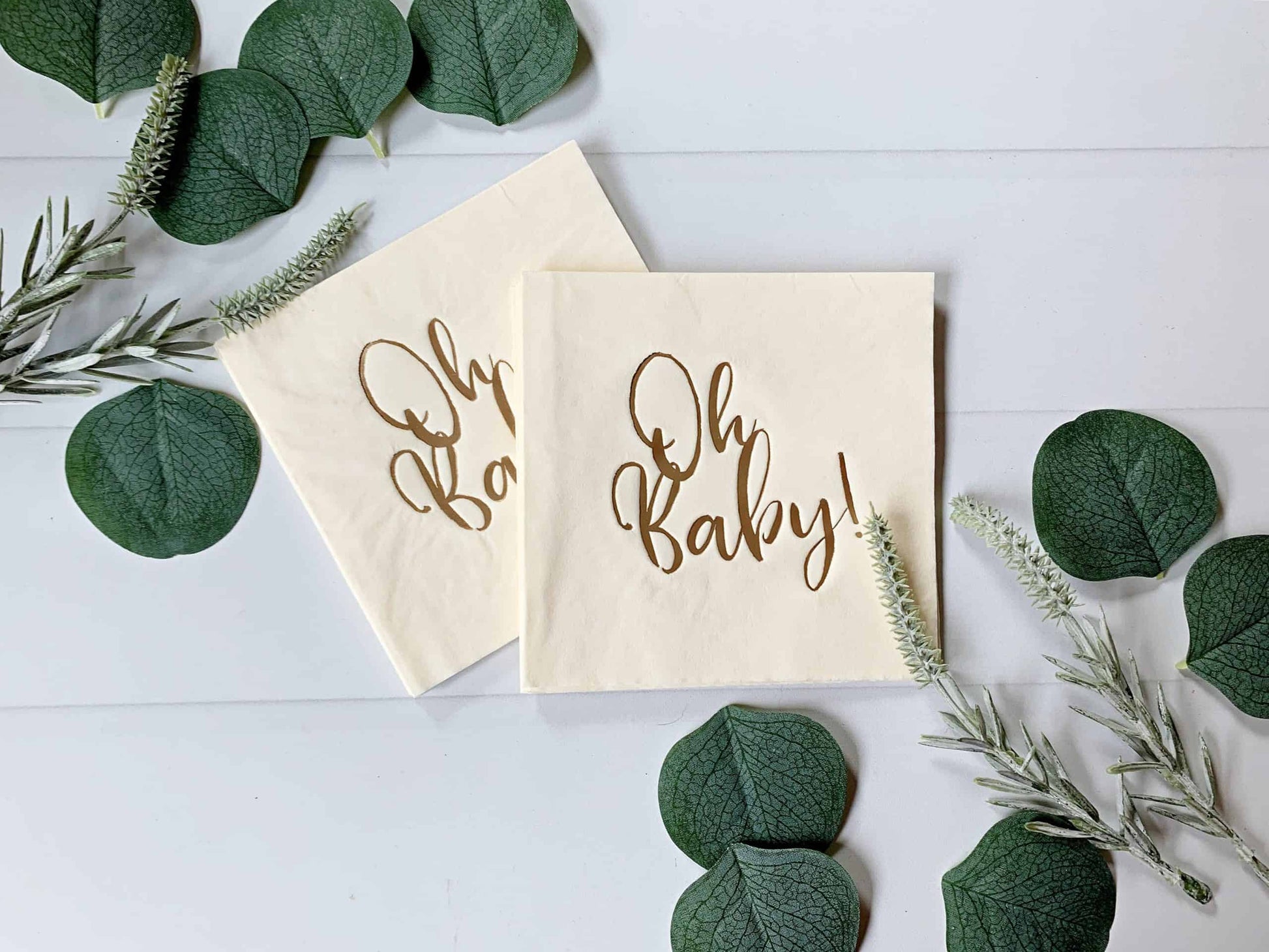 Oh Baby cream cocktail napkins - with gold foil - the perfect accent to your baby shower.  These gorgeous gold foiled "Oh Baby" napkins are an EnFete original product. You won't find them anywhere else!