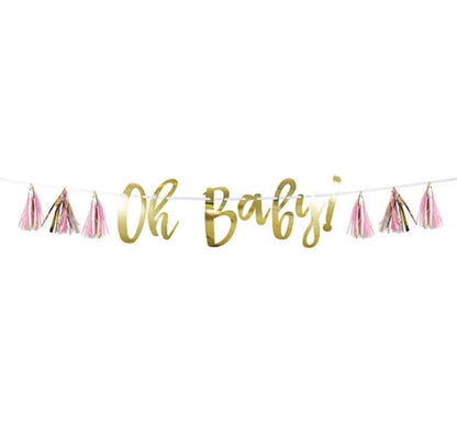 Oh Baby Banner with Blush Pink and Gold Tassels - Baby Shower Banner