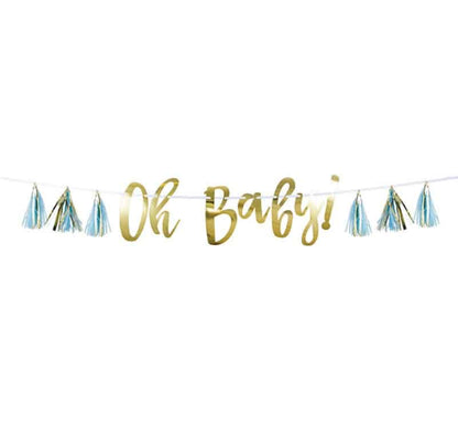 Oh Baby Banner with Blue and Gold Tassels - Baby Shower Banner