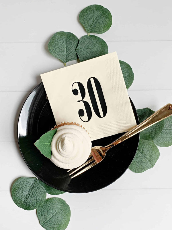30th Birthday Cocktail Napkins – Cream & Matte Black Foil Luxury Milestone Napkins