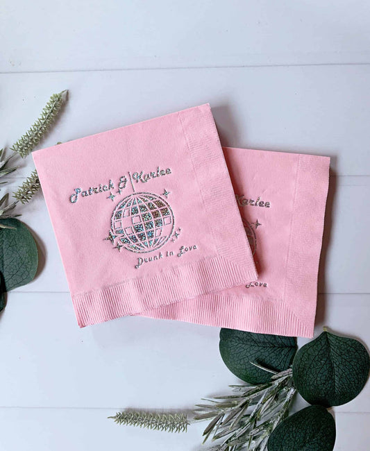 Personalized Drunk in Love Disco Ball Cocktail Napkins for Bachelorette, Wedding, and Bridal Shower Parties
