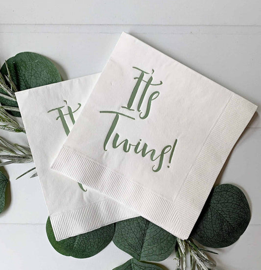 It's Twins! sage green foil on white cocktail/beverage-sized napkins - the perfect accent to your baby shower. These gorgeous gold foiled "It's Twins!" napkins are an EnFete original product. You won't find them anywhere else!
