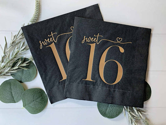 Sweet 16 Luncheon Napkins - Gold on Black
