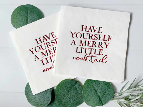 Red foiled "merry little cocktail" napkins are fun to use the WHOLE holiday season. Perfect for everything from Friendsgiving, Thanksgiving, Christmas, and New Year's!