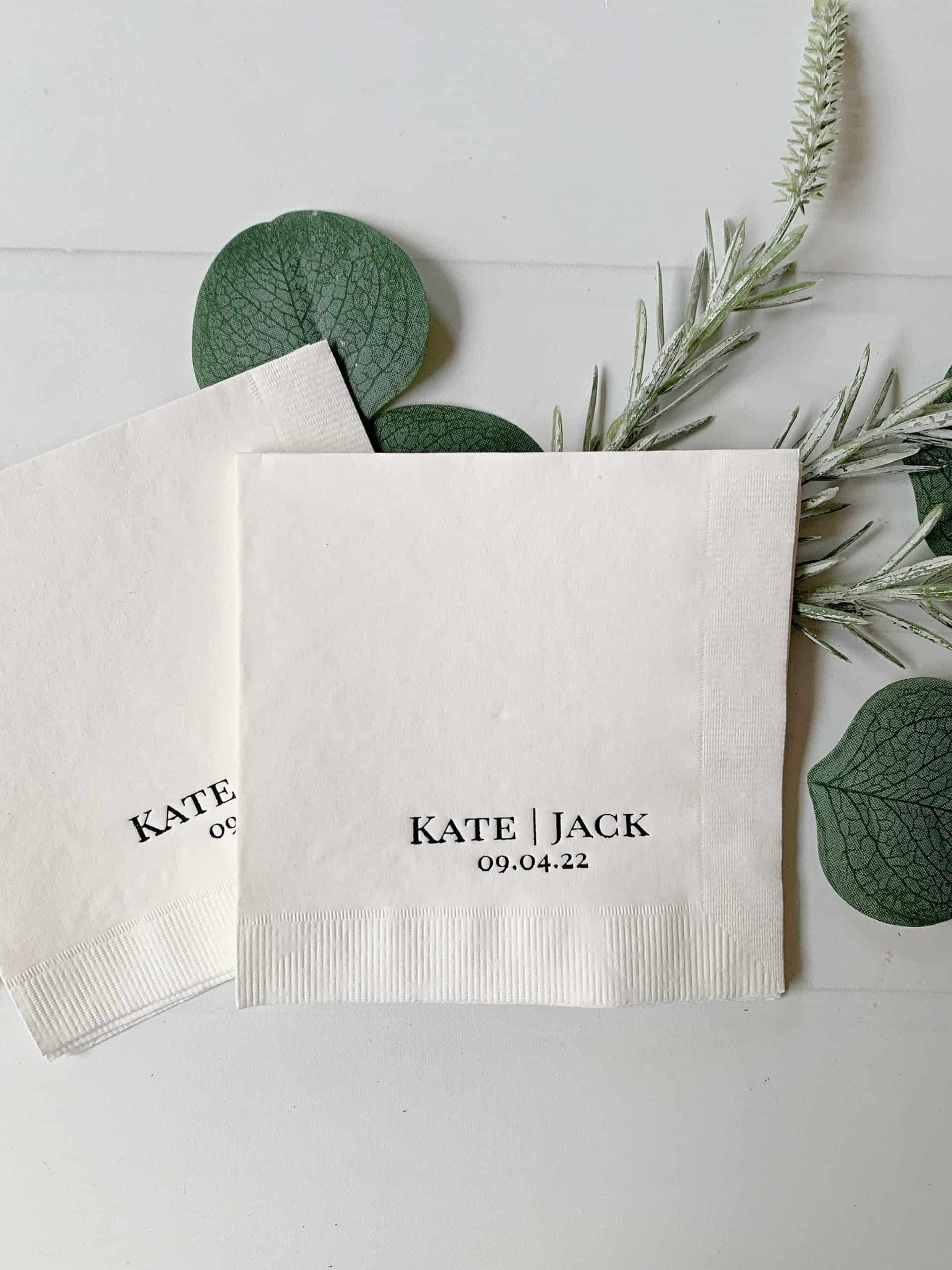 Add a personal touch to your special day with our personalized wedding cocktail napkins. These napkins are perfect for weddings, engagement parties, and bridal showers. You can customize them with your names and wedding date to match your wedding color scheme. The simple, modern design features your custom text in black on a white background, but we offer a range of colors and foil options including sage.