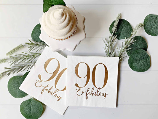 Celebrate life milestones with style using our "90 and Fabulous" birthday party cocktail napkins. Perfect for a 90th birthday celebration, these napkins add a touch of elegance to your event. #90thBirthday #PartySupplies #CocktailNapkins