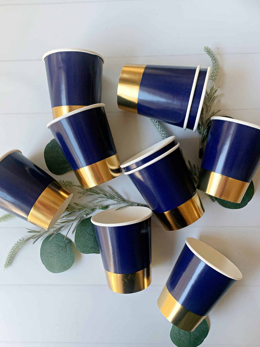 Navy Blue and Gold Party Cups - 9 oz Paper Cups, 10 Pack