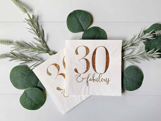 30 and fabulous gold foiled cocktail napkins for a 30th birthday party