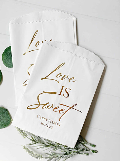 Personalize your wedding candy bar with "Love is Sweet" treat bags. Add names & date. Choice of foil colors. Minimum 20 bags. #WeddingFavors #Personalized #LoveIsSweet #EnFete.