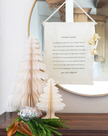 Deck the halls with the timeless charm of a cherished Christmas carol using our Silent Night Canvas Banner with Bells, featuring the enchanting lyrics of the classic tune.