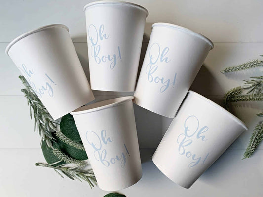 Oh Boy!' Cups in Ice Blue, perfect for baby shower drinks. Each pack contains 8 cups that can hold approximately 9 oz of hot or cold beverages.