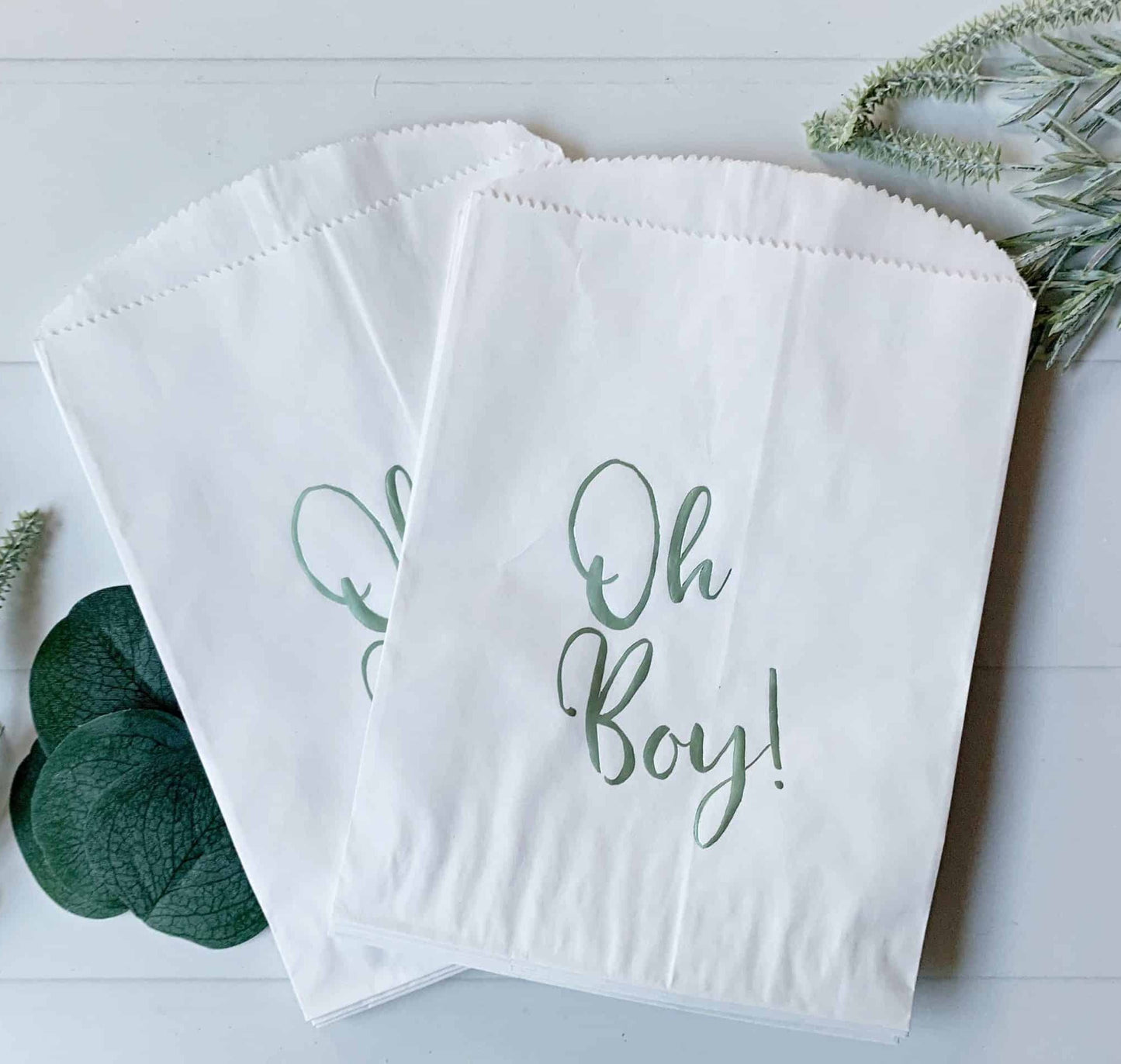 These sage Oh Boy favor bags are a great way for guests to take goodies home from your baby shower. Use for a donut wall display, a candy bar or for cookies. (Stickers are available in the shop to use as seals.)