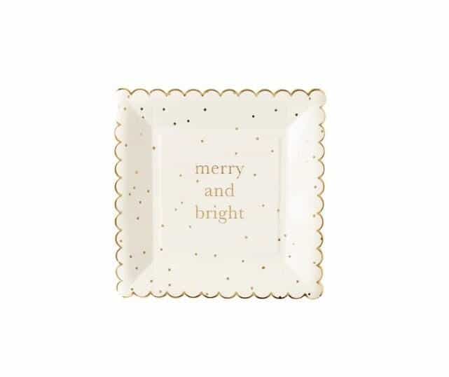 Merry and Bright dessert plates from the EnFete gold Christmas holiday tableware collection