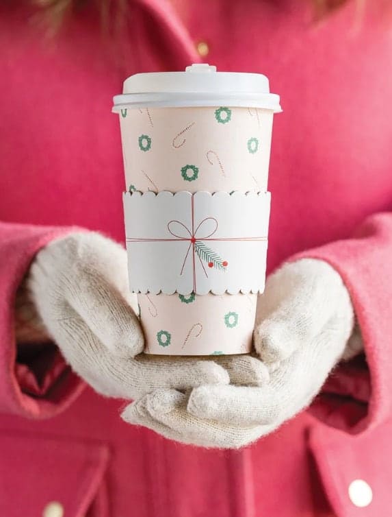 Coffee Cups with adorable printed designs - perfect for hot cocoa bars - these are adorable with a scalloped coffee sleeve and green wreaths and candy cands