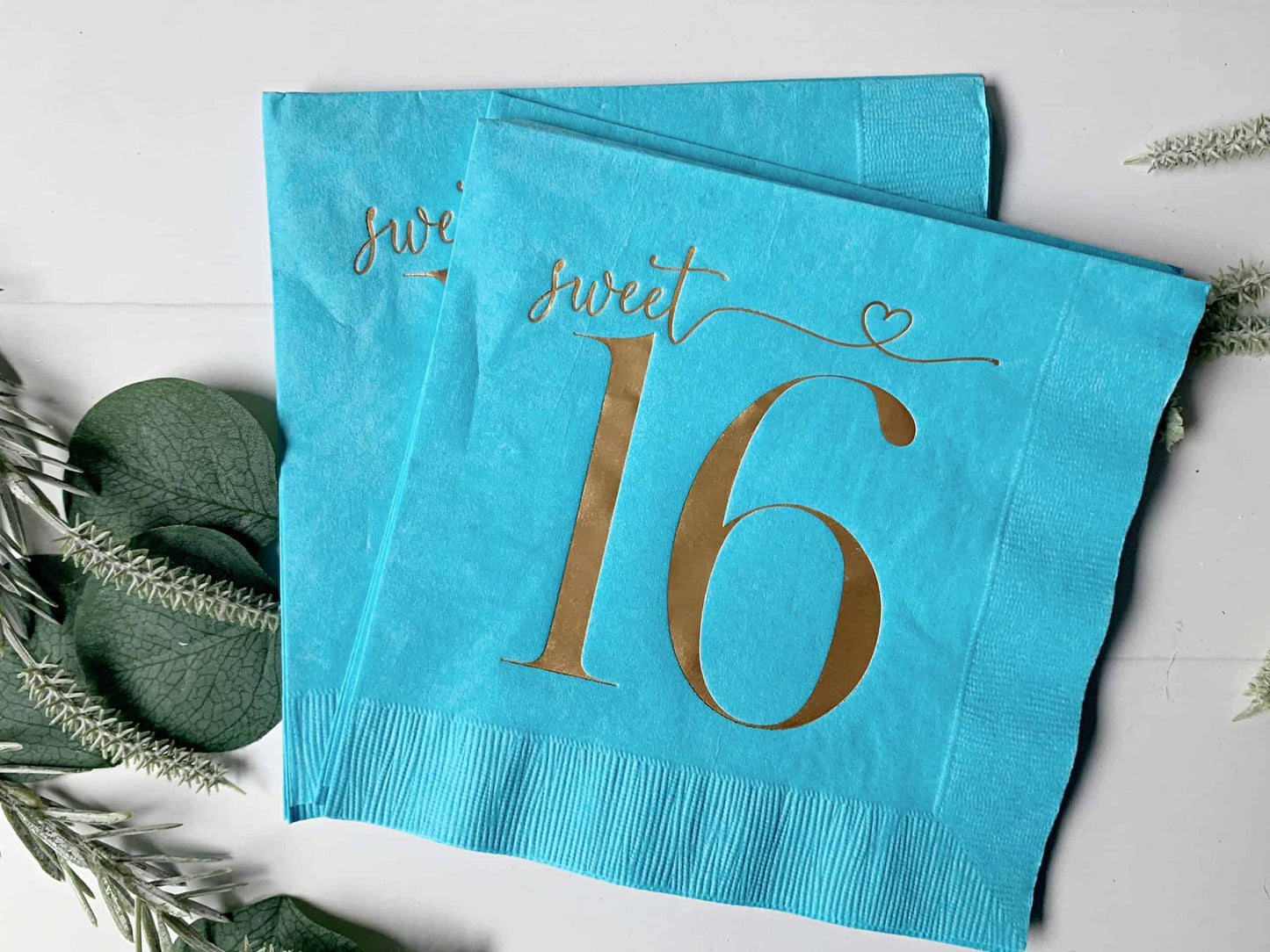 Sweet 16 Luncheon Napkins - Gold on Turquoise