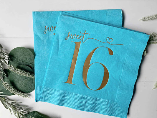 Sweet 16 Luncheon Napkins - Gold on Turquoise