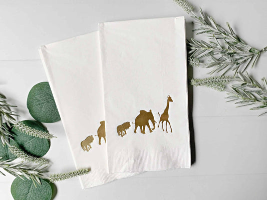 Safari Baby Shower Napkins - Dinner Gold Foil on White