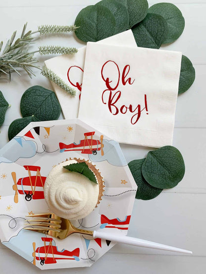 Oh Boy Napkins Red Foil White - Train Airplane Fireman Baby Shower Cocktail Napkins Set of 16