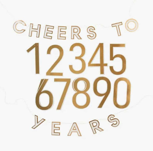 Custom 'Cheers to [Fill in the Blank] Years' birthday or anniversary banner with interchangeable numbers and gold foil letters. Perfect for any celebration. #CheersBanner #GoldFoil #PartyDecorations