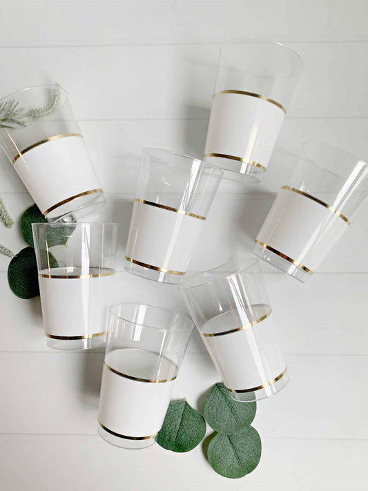 White & Gold Plastic Cocktail Glasses, Set of 10