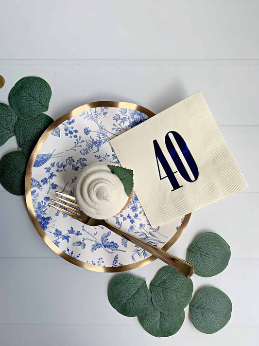 Sharp blue retro number 40 ivory napkins for a stylish milestone birthday celebration. #BirthdayParty #Milestone #SharpBlue #Retro