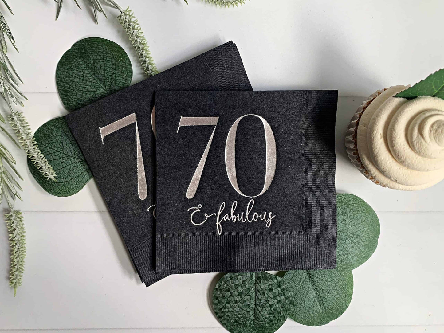 70 & Fabulous Cocktail Napkins- Silver on Black