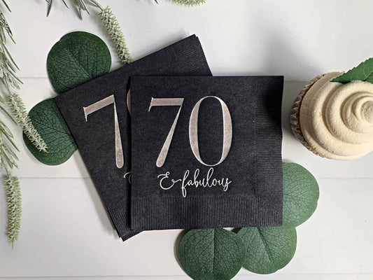 70 & Fabulous Cocktail Napkins- Silver on Black