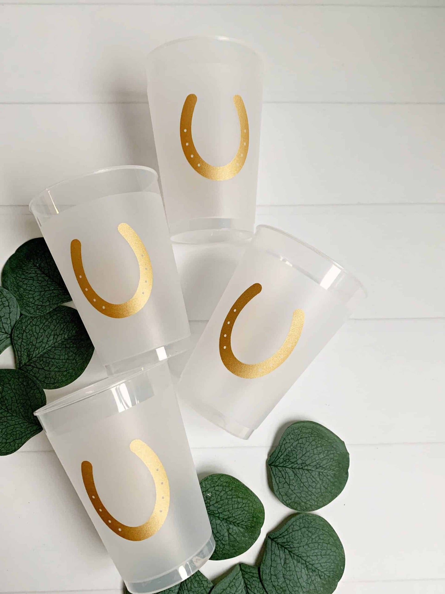Kentucky Derby Frosted Party Cups - Gold Horseshoe and "and they're off!" on the other side. Perfect for a Derby Bridal Shower.